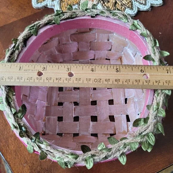 Strawberry Basket with Pink Ribbon & twine with leaves around the rim. Wicker - Picture 6 of 10
